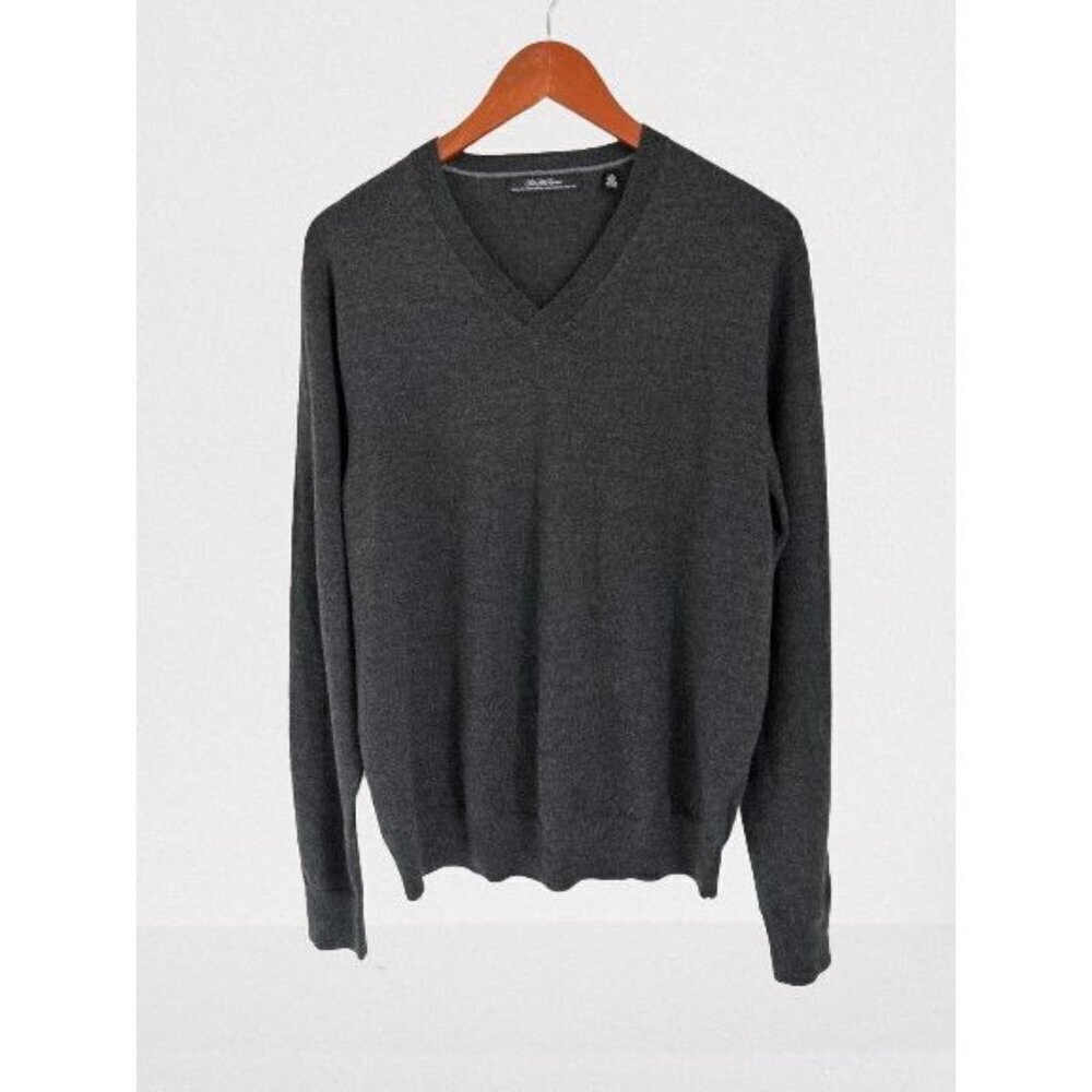 Saks Fifth Avenue V-Neck Sweater Extra Fine Merino Wool Gray Knitted Pullover Si